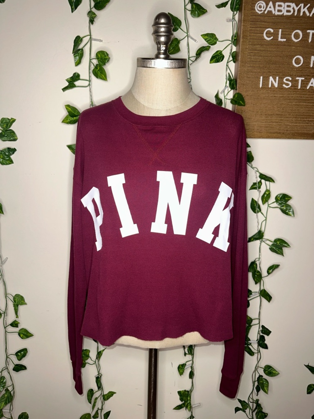 VS PINK Maroon Slightly Cropped Raw Hem Waffle Knit Longsleeve Lounge Pajama Top